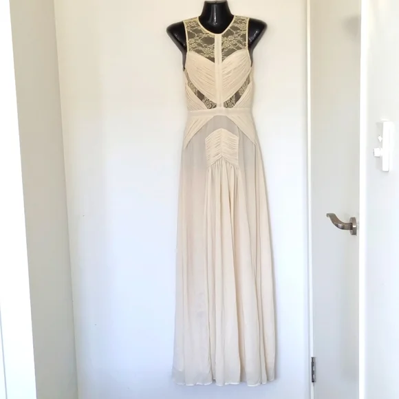 Jarlo, cream long formal dress, lace details, lined, sheer overlay, size 6 - Picture 1 of 12